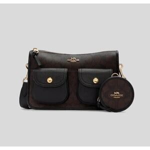 Coach Brown and Black Signature Crossbody Bag with Coin Pouch